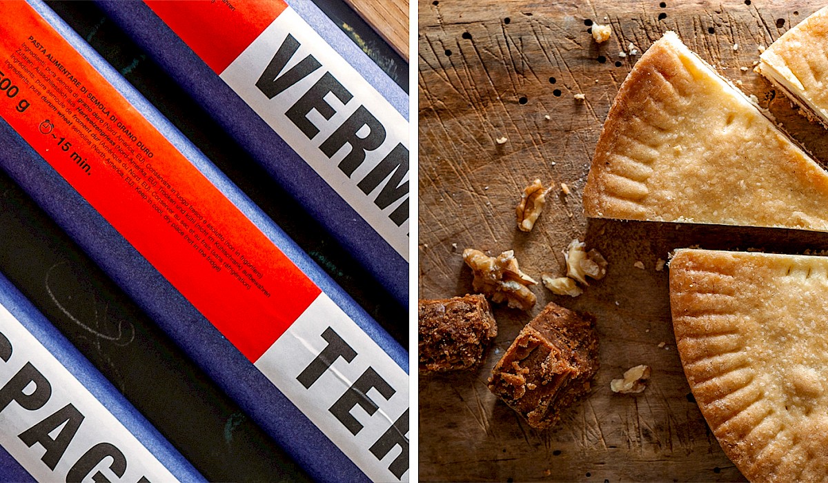 Zwei Stimmungsbilder von Pasta-Verpackungen und angeschnittener Nusstorte